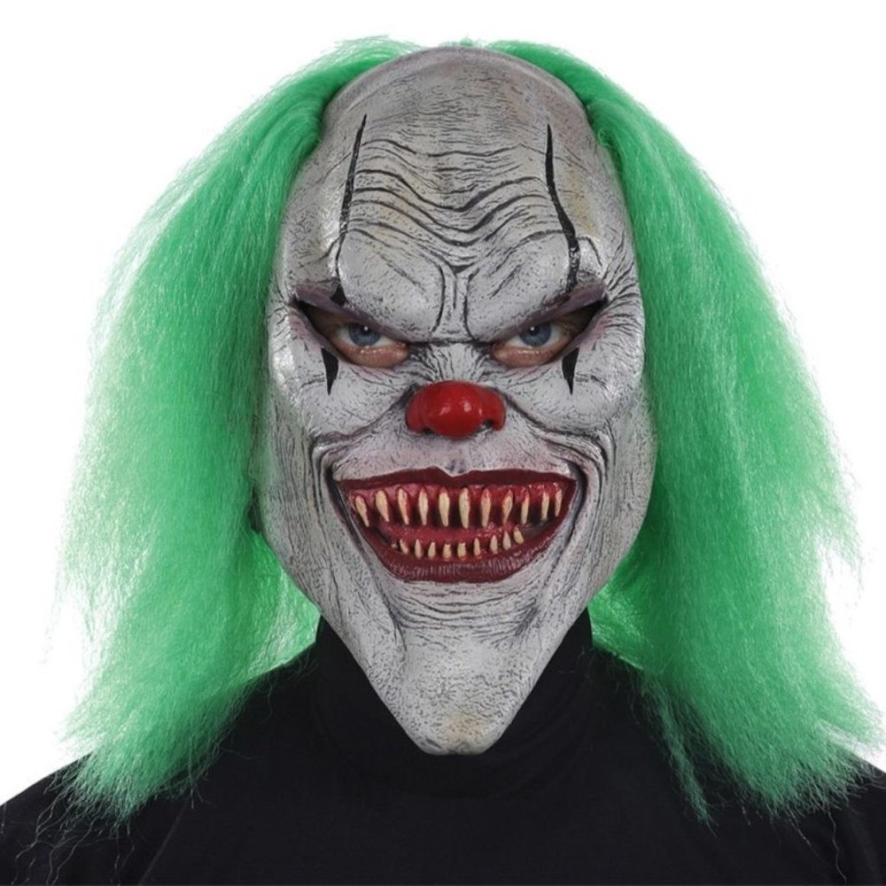 Evil Clown Halloween Mask & Wig Creepy Latex Green Hair Costume Accessory 14+